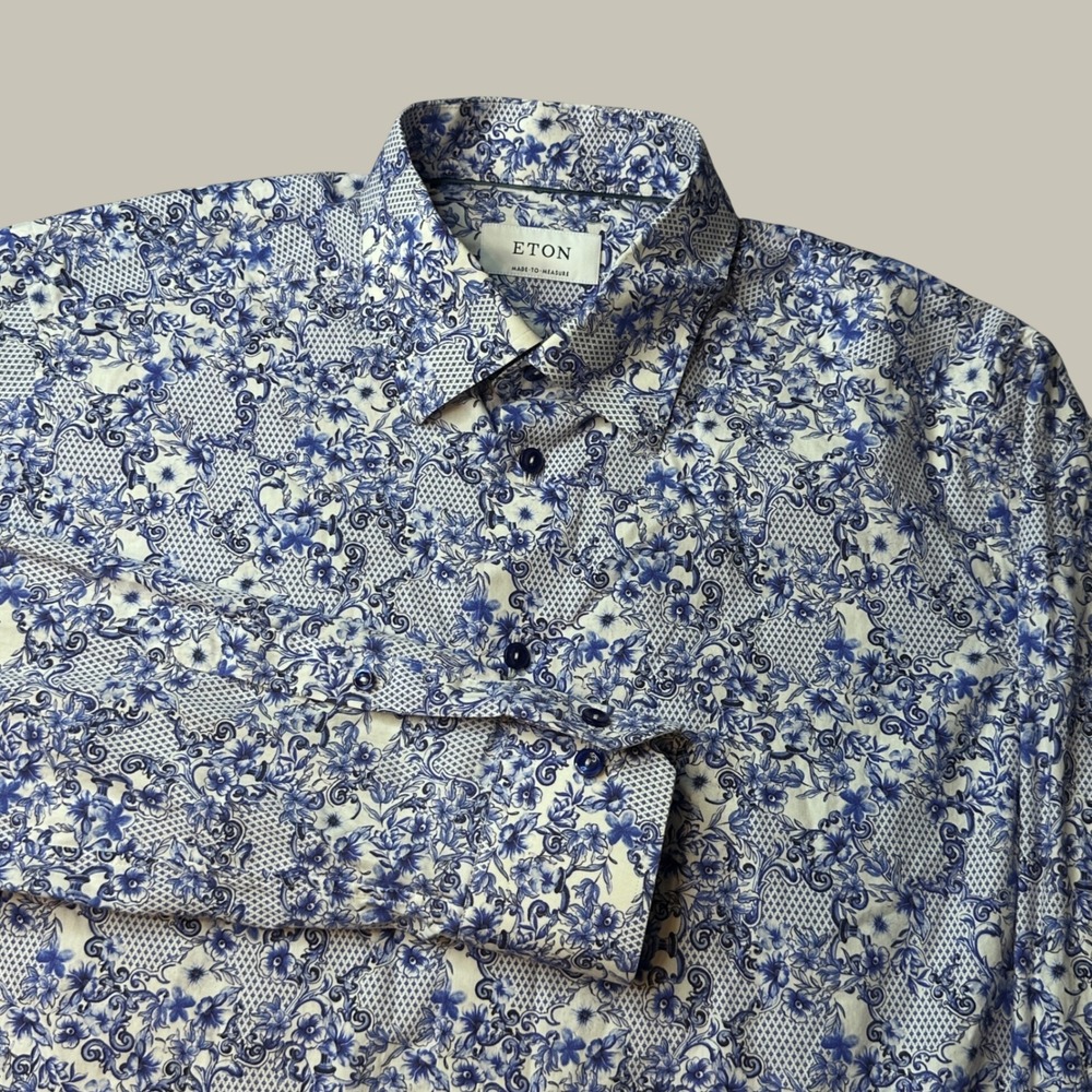 Eton Shirt Mens M Made to Measure Button Down Blue White Floral Damask Cotton